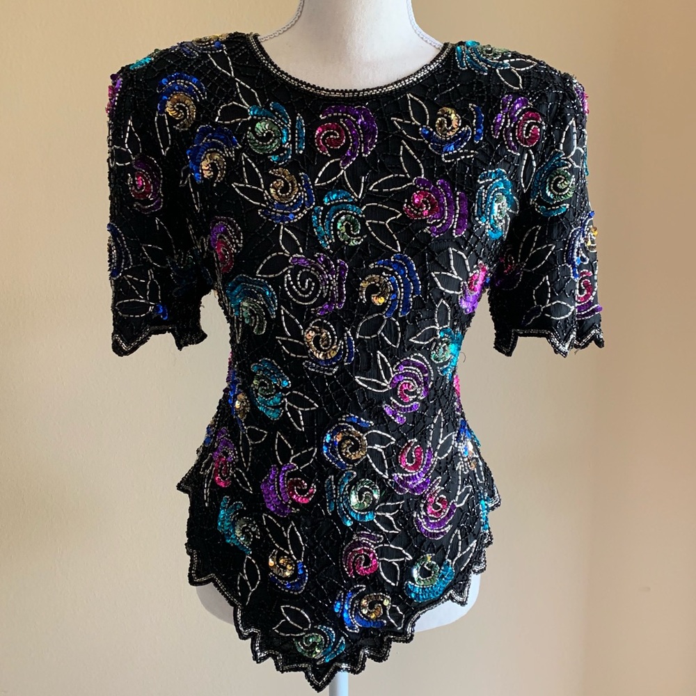 Vintage Laurence Kazar Beaded Rainbow Rose Blouse